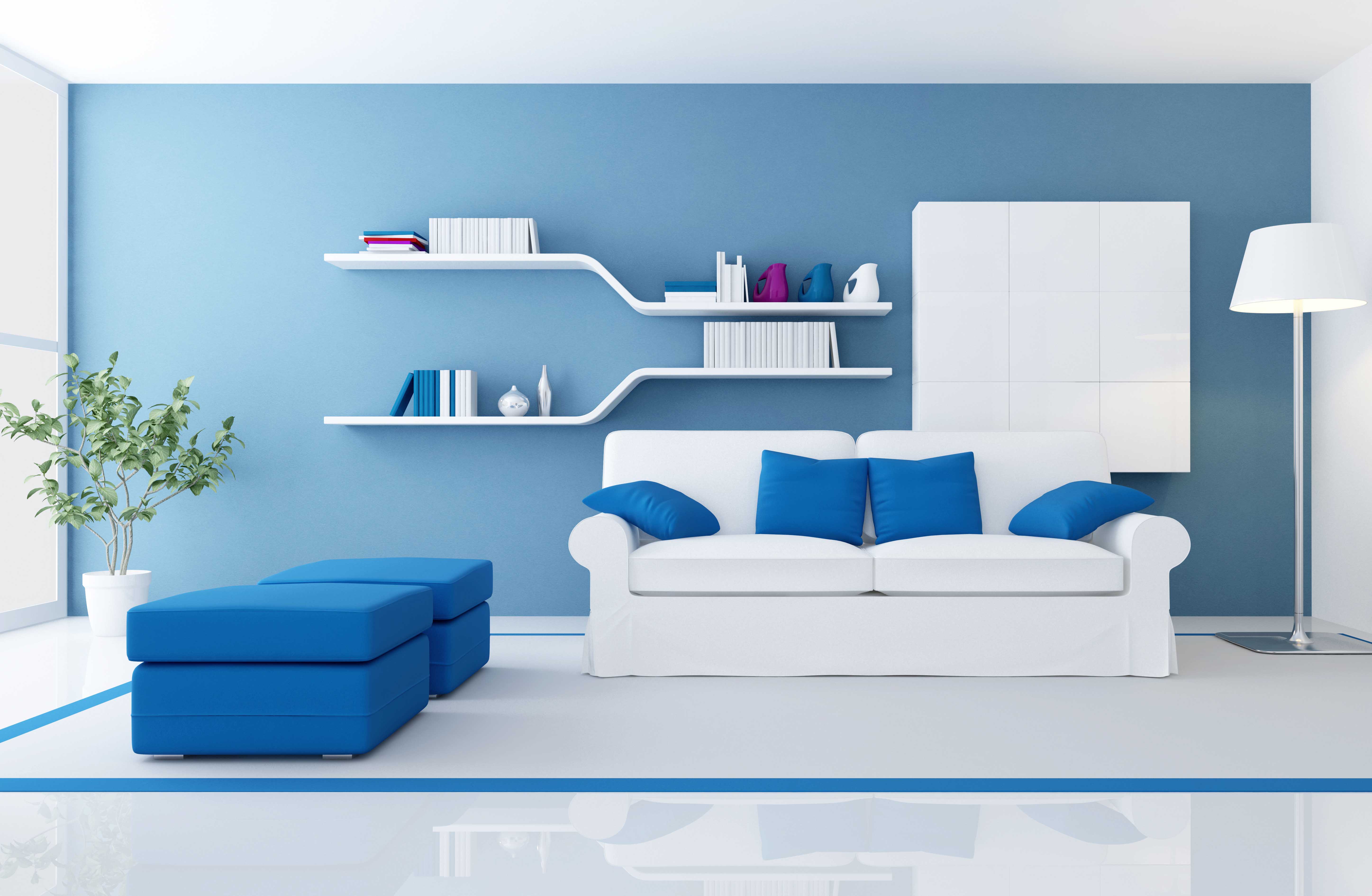 Is there a sofa in the bedroom. Голубой интерьер. Голубой интерьер комнаты. Сине голубой интерьер. Голубые стены в гостиной.